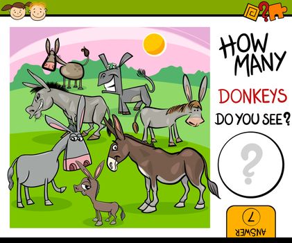 Cartoon Illustration of Kindergarten Educational Counting Task for Preschool Children with Farm Donkeys