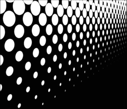 A half tone image with white dots set against a black background with perspective