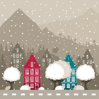 Winter city in mountains. A vector illustration