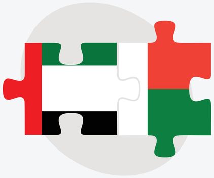 United Arab Emirates and Madagascar Flags in puzzle isolated on white background