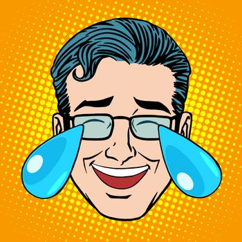 Retro Emoji tears joy man face pop art style. Joke hysterical laughter