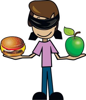 Illustration of a cartoon man with an apple and a cheeseburger