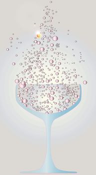A traditional champagne class outline filled with pink bubbles with one highlited in gold