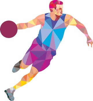 Low polygon style illustration of a basketball player dribbling ball looking to the side viewed from front on isolated white background.