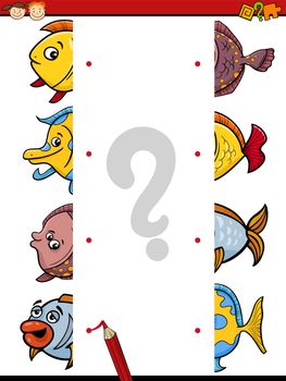 Cartoon Illustration of Kindergarten Educational Join Halves Task for Children with Fish Characters