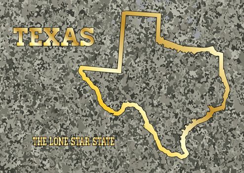 Map of the state of Texas carved into a granite block with gold leaf