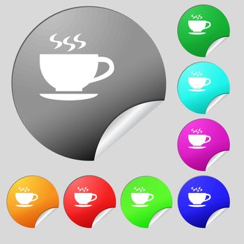 The tea and cup icon sign. Set of eight multi colored round buttons, stickers. Vector illustration