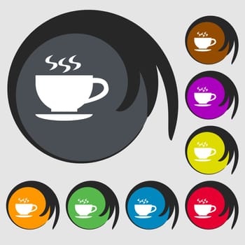 The tea and cup icon. Symbols on eight colored buttons. Vector illustration