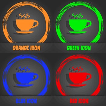 The tea and cup icon. Fashionable modern style. In the orange, green, blue, red design. Vector illustration