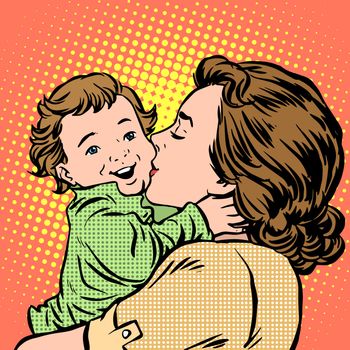 Mother kissing baby pop art retro style. Childhood and motherhood. Love women and son