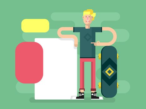 Skateboarder with advertising. Poster and sportsman young with skate, placard advertisement, vector illustration