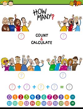Cartoon Illustration of Educational Mathematical Count and Addition Task for Preschool Children with People Characters