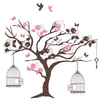 vector illustration of a vintage tree with open cages, roses, doves