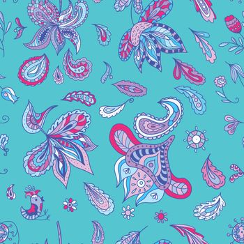  Vector seamless pattern with indian paisley ornaments and flowers in doodle sketch ethnic style for design