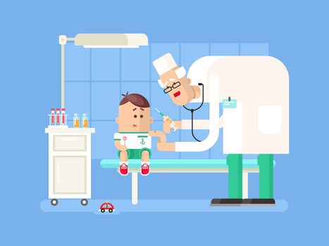 Doctor doing child vaccination. Syringe medical, medicine injection, patient kid, vector illustration