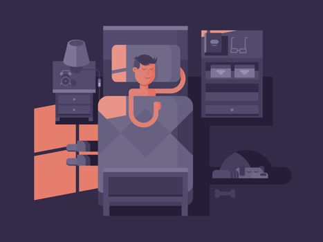 Man sleep in bed. Dream night, bedroom interior, vector illustration