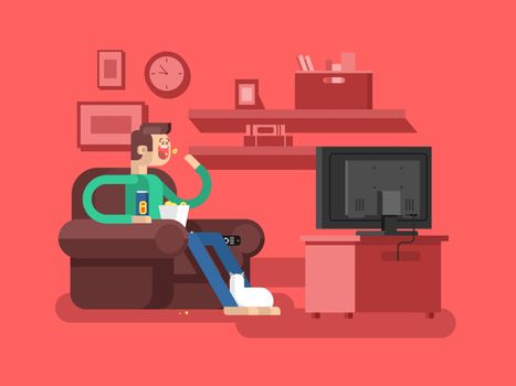 Man watching TV. Television and leisure, sofa indoor, movie and film, vector illustration