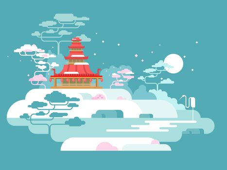 China painted landscape. Asia nature, traditional culture design, vector illustration