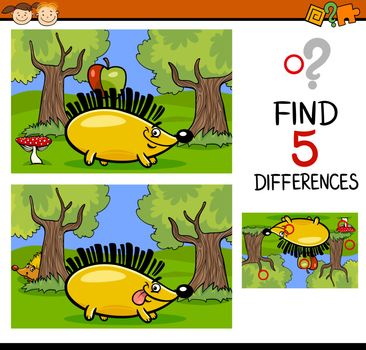 Cartoon Illustration of Finding Differences Educational Task for Preschool Children with Hedgehog Animal Character