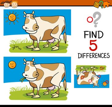 Cartoon Illustration of Finding Differences Educational Task for Preschool Children with Cow Farm Animal Character