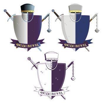 Medieval weapons of XIIth-XIIIth centuries: knight’s heraldic shield and helmet (greathelm) in blue and white colors, sword and knobstick. The shield entwined by blue ribbon with inscription “Mediaeval”. Made in three colour styles: gradient colors, homogeneous colors, monochrome.