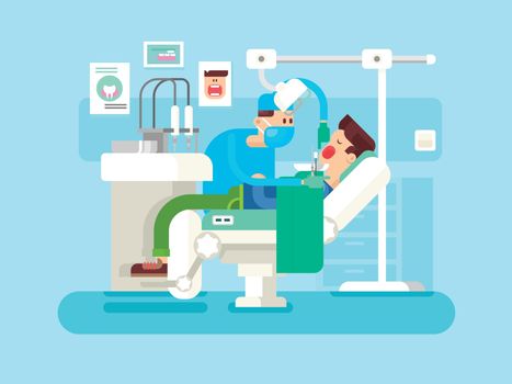 Dentist treats a patient. Treatment dental, clinic medicine, health and hygiene, doctor professional vector illustration