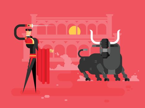 Bullfighting charcter man. Spain toreador, spanish tradition, entertainment and costume, picador performance, vector illustration