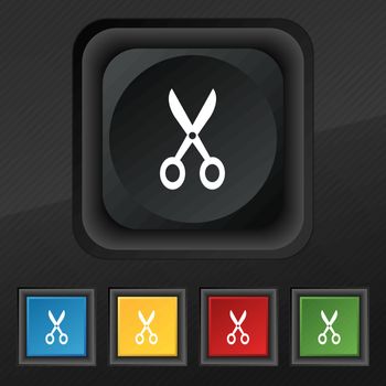 Scissors icon symbol. Set of five colorful, stylish buttons on black texture for your design. Vector illustration