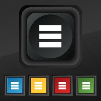 List menu, app icon symbol. Set of five colorful, stylish buttons on black texture for your design. Vector illustration