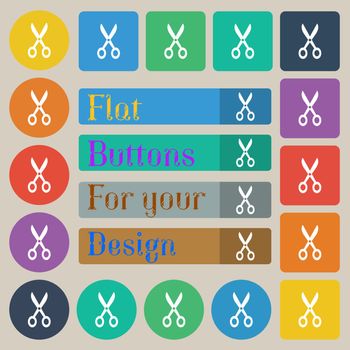 Scissors icon sign. Set of twenty colored flat, round, square and rectangular buttons. Vector illustration