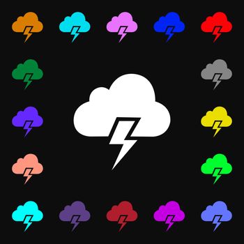 Heavy thunderstorm icon sign. Lots of colorful symbols for your design. Vector illustration