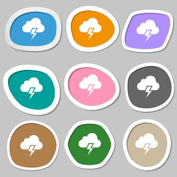Heavy thunderstorm symbols. Multicolored paper stickers. Vector illustration