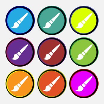 brush icon sign. Nine multi colored round buttons. Vector illustration