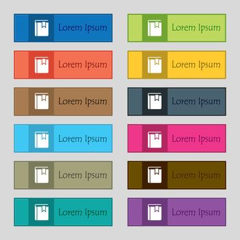 Book bookmark icon sign. Set of twelve rectangular, colorful, beautiful, high-quality buttons for the site. Vector illustration