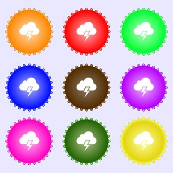 Heavy thunderstorm icon sign. A set of nine different colored labels. Vector illustration