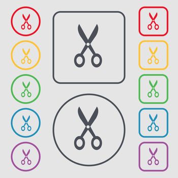Scissors icon sign. symbol on the Round and square buttons with frame. Vector illustration
