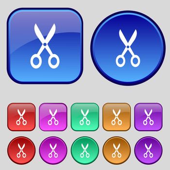 Scissors icon sign. A set of twelve vintage buttons for your design. Vector illustration