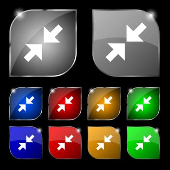 Exit full screen icon sign. Set of ten colorful buttons with glare. Vector illustration