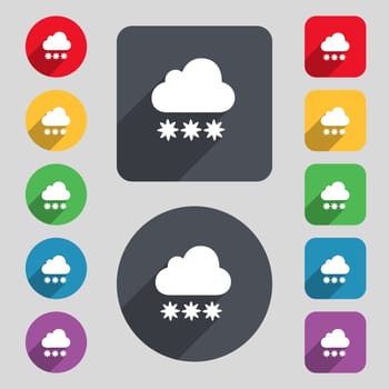 snow cloud icon sign. A set of 12 colored buttons and a long shadow. Flat design. Vector illustration