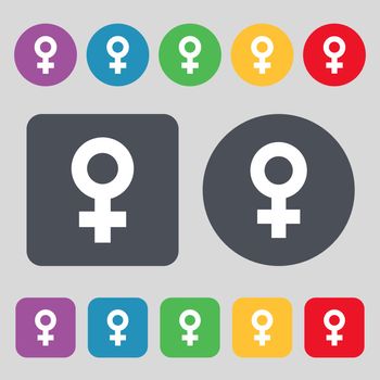 female icon sign. A set of 12 colored buttons. Flat design. Vector illustration