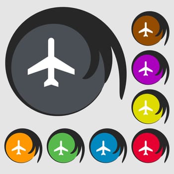 Plane icon. Symbols on eight colored buttons. Vector illustration