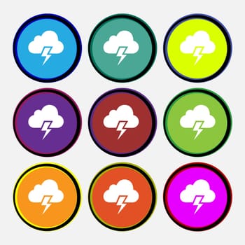 Heavy thunderstorm icon sign. Nine multi colored round buttons. Vector illustration