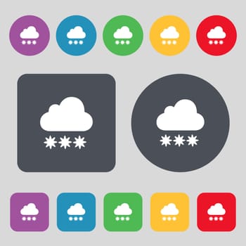 snow cloud icon sign. A set of 12 colored buttons. Flat design. Vector illustration
