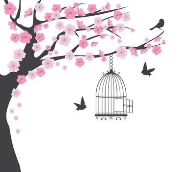vector illustration of a cherry tree with bird cages and birds