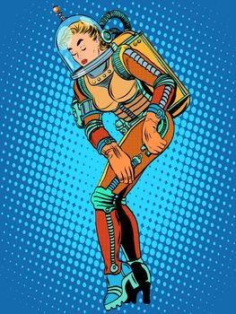 Sexy beautiful girl astronaut in a spacesuit pop art retro style. Science fiction. Flying in space.