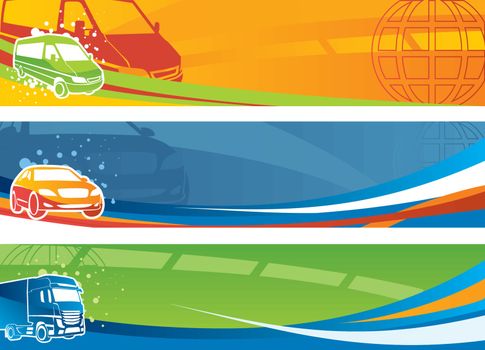 Business banners with coloured waves and cars silhouettes 