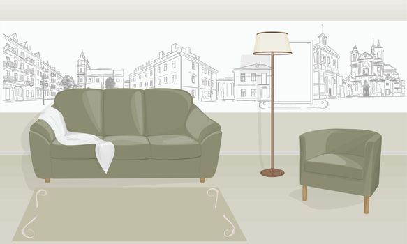 room with a sofa and chair and a floor lamp Mural overlooking the city