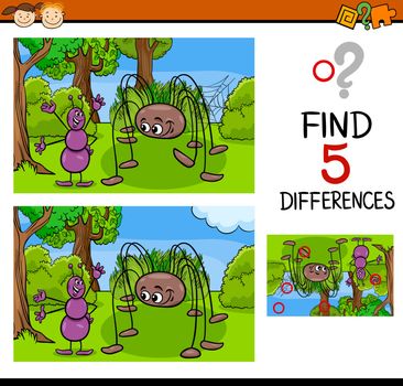 Cartoon Illustration of Finding Differences Educational Task for Preschool Children with Ant and Spider Insect Characters