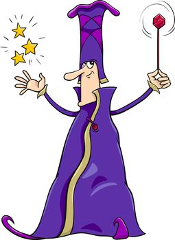 Cartoon illustration of Wizard or Sorcerer Fantasy Character Casting a Spell