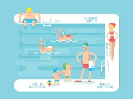 Public swimming pool. Water sport, resort swim, vacation and relaxation, vector illustration